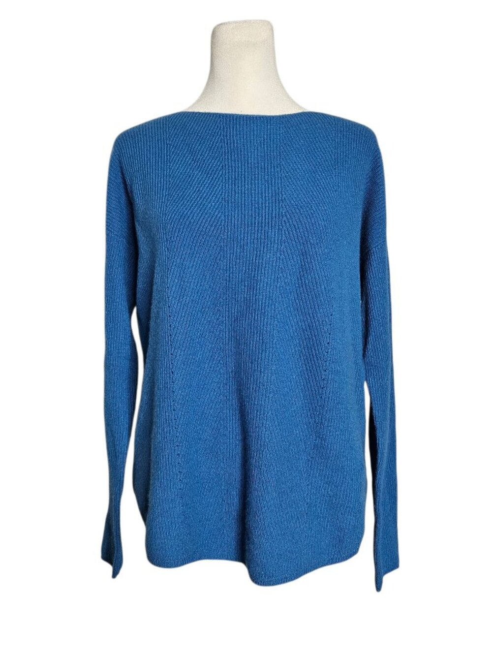 Vince 100% Cashmere Sweater Women's M Blue Ribbed Boat Neck Pullover Curved Hem